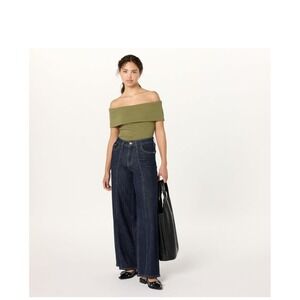 The Drop Off Shoulder Top Womens S Olive Ribbed Minimalist Bardot NWOT